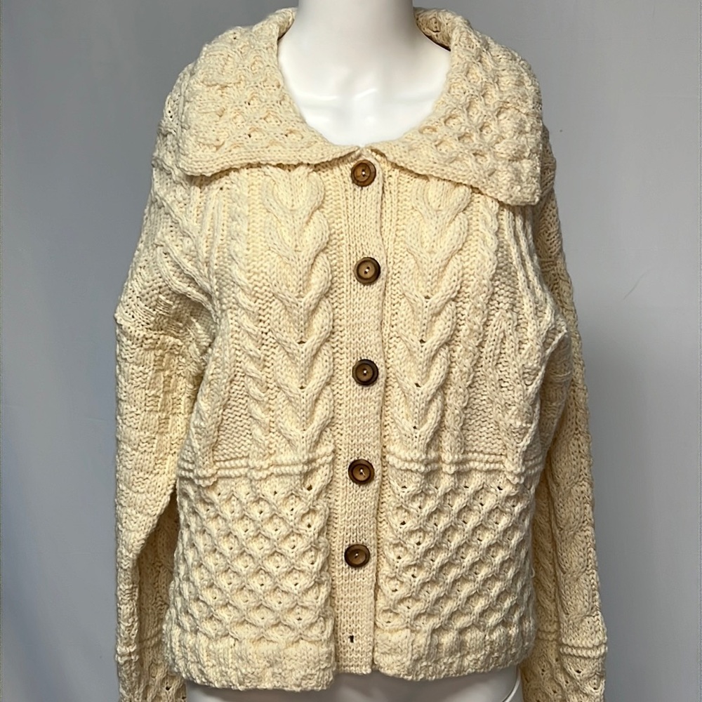 NWT!! British Wool Cream Fisherman’s Knit Cardigan L